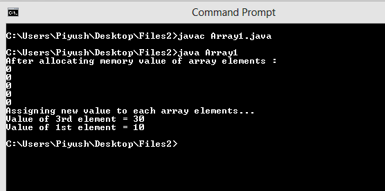 This image describes output of the basic structure of code to create arrays in java.